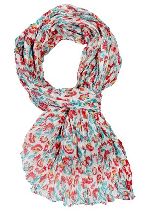 Leichter floraler Schal in Weiß, verziert mit roten und türkisfarbenen Blumen sowie grünen Blättern. Knitterstruktur, kreisförmiges Loop-Design.