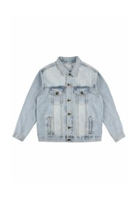 Jasnoniebieska kurtka dżinsowa z klasycznym kołnierzem, z przodem zapinanym na guziki, dwoma kieszeniami na piersi oraz kieszeniami po bokach. Całość o efekcie postarzanego wyglądu.