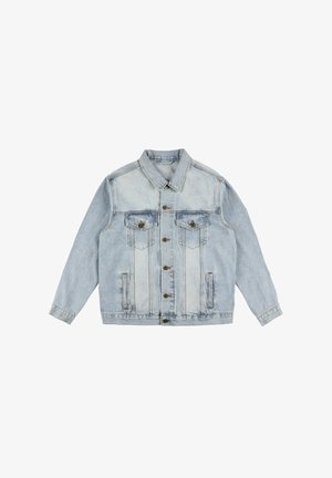 Jasnoniebieska kurtka dżinsowa z klasycznym kołnierzem, z przodem zapinanym na guziki, dwoma kieszeniami na piersi oraz kieszeniami po bokach. Całość o efekcie postarzanego wyglądu.