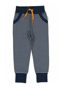 Marinblå randiga byxor med vita ränder, elastisk midja med orange snörning och sidfickor. Manschetter vid anklarna.