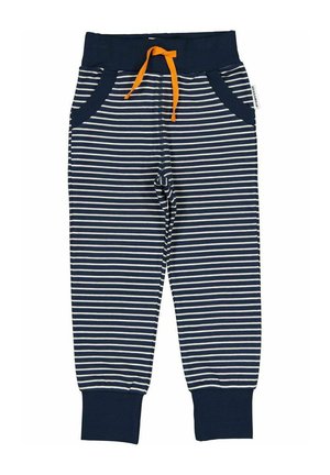 Marineblå stribede bukser med hvide striber, et elastisk talje med orange snor og sidelommer. Manchetter ved anklerne.