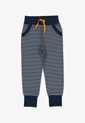 Marineblå stribede bukser med hvide striber, et elastisk talje med orange snor og sidelommer. Manchetter ved anklerne.