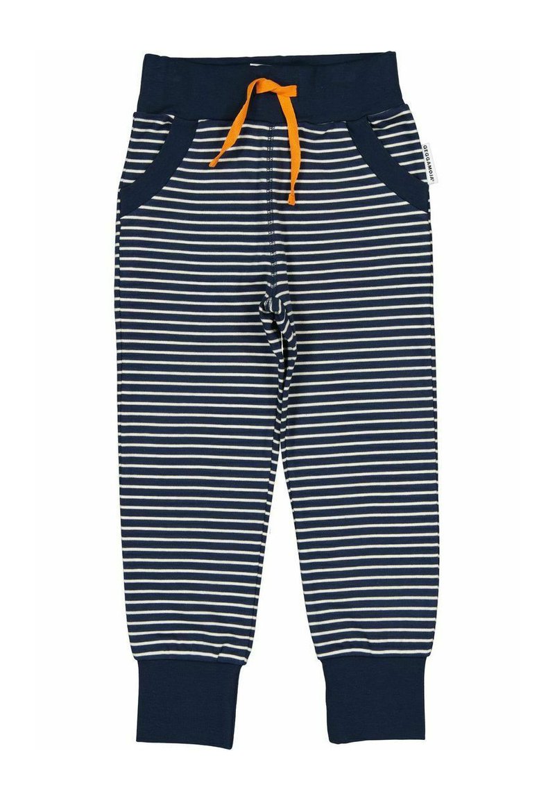 Marinblå randiga byxor med vita ränder, elastisk midja med orange snörning och sidfickor. Manschetter vid anklarna.