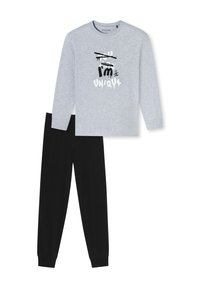 Gray long-sleeve shirt with black and white graphic text and black pants. Cotton material, relaxed fit, with ribbed cuffs and waistband.