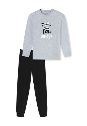 Gray long-sleeve shirt with black and white graphic text and black pants. Cotton material, relaxed fit, with ribbed cuffs and waistband.
