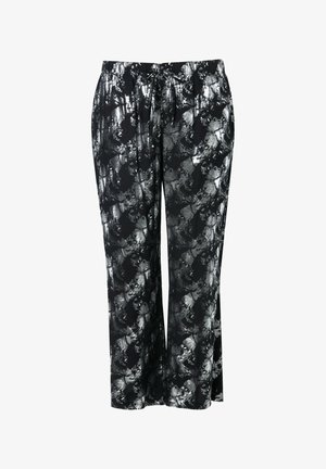 Zwarte en zilverkleurige gestreepte broek met een elastische tailleband en trekkoord. Lichtgewicht stof met een losse, vloeiende pasvorm.