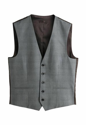 Halli ruuduline vest V-kaelusega, viie musta nupuga ja kahe eesmise taskuga; tumedamas toonis satiinvooder, räätsepa lõige.