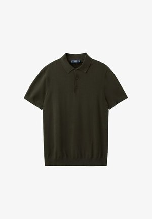 Dark green short-sleeve polo shirt with three buttons and a ribbed collar and hem, laid flat on a white background.