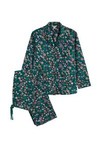 Pajama set s cvjetnim uzorkom u tirkiznoj boji, koji uključuje košulju na dugmad i hlače s elastičnim pojasom. Uzorak sadrži lišće i šarene cvjetove.