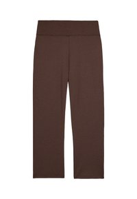 Brązowe legginsy z rozciągliwego materiału z szerokim pasem, wykonane z gładkiego materiału, o pełnej długości, bez widocznych zamków błyskawicznych lub wzorów.