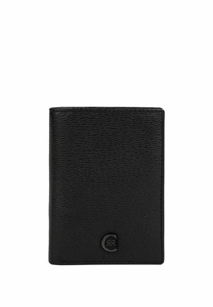 Zwarte, gestructureerde leren bifold portemonnee met een klein, zwart metalen logo-embleem in de rechteronderhoek.