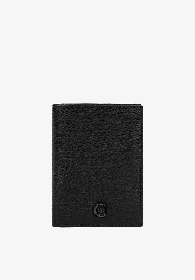 Cartera bifold de cuero negro texturizado con un pequeño emblema de logo metálico negro en la esquina inferior derecha.