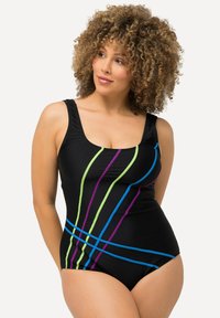 Maillot de bain une pièce noir avec des rayures verticales en vert fluo, violet et bleu. Le matériau semble lisse avec une conception de bretelles modérées.