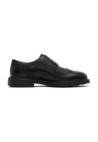 Zwart leren dresschoenen met brogue-details, ronde neus en vetersluiting. Platte rubberen zool, gladde textuur en subtiele glans.