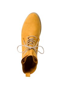 Stivale alla caviglia in suede giallo con punta arrotondata, lacci grigi chiari e una piccola linguetta sul retro. Suola piatta in gomma.