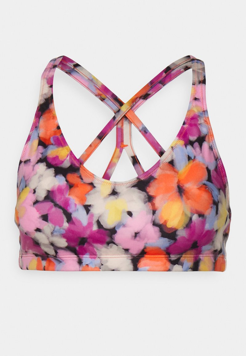 Sujetador deportivo floral con estampado de flores abstractas multicolores. Cuenta con un escote en forma de bote y tirantes cruzados en la espalda. Tejido elástico.