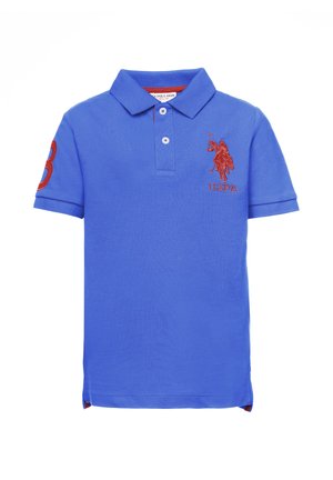 Polo blu a maniche corte con colletto, logo USPA rosso sul petto e numero 3 rosso sulla manica sinistra.