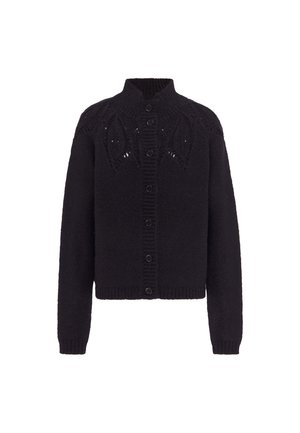 Cardigan en maille noire à boutons, manches longues, col, poignets et bas côtelés, avec un motif ajouré discret autour des épaules.