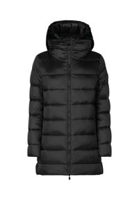 Schwarze Steppjacke mit Kapuze, gesteppter Optik, Frontreißverschluss und elastischen Bündchen, die eine glatte und isolierte Textur bietet.