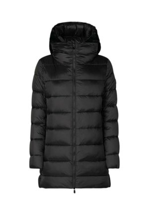 Chaqueta negra acolchada con capucha, diseño acolchado, cierre frontal con cremallera y puños elásticos, que ofrece una textura suave y aislante.