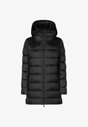 Doudoune noire à capuche, design matelassé, fermeture éclair à l'avant et poignets élastiques, offrant une texture lisse et isolante.