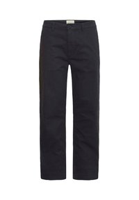 Black cotton trousers with a straight leg design, featuring a front button closure, belt loops, and minimal detailing.