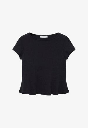 Haut noir à manches courtes en tissu doux, avec un col rond et un ourlet évasé présentant des détails de couture subtils.