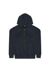 Felpa con zip a tutta lunghezza di un blu scuro navy, con tasche frontali, polsini a coste e testo in rilievo "NEW ERA" sul petto.