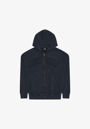 Dark navy full-zip hoodie with front pockets, ribbed cuffs, and embossed "NEW ERA" text across the chest.