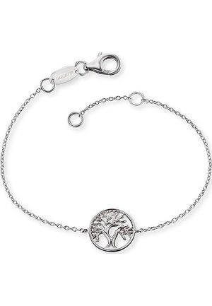 Bracciale in argento con un pendente rotondo dell'albero della vita, caratterizzato da dettagli intricati di rami e foglie, realizzato con una delicata catena e un moschettone.