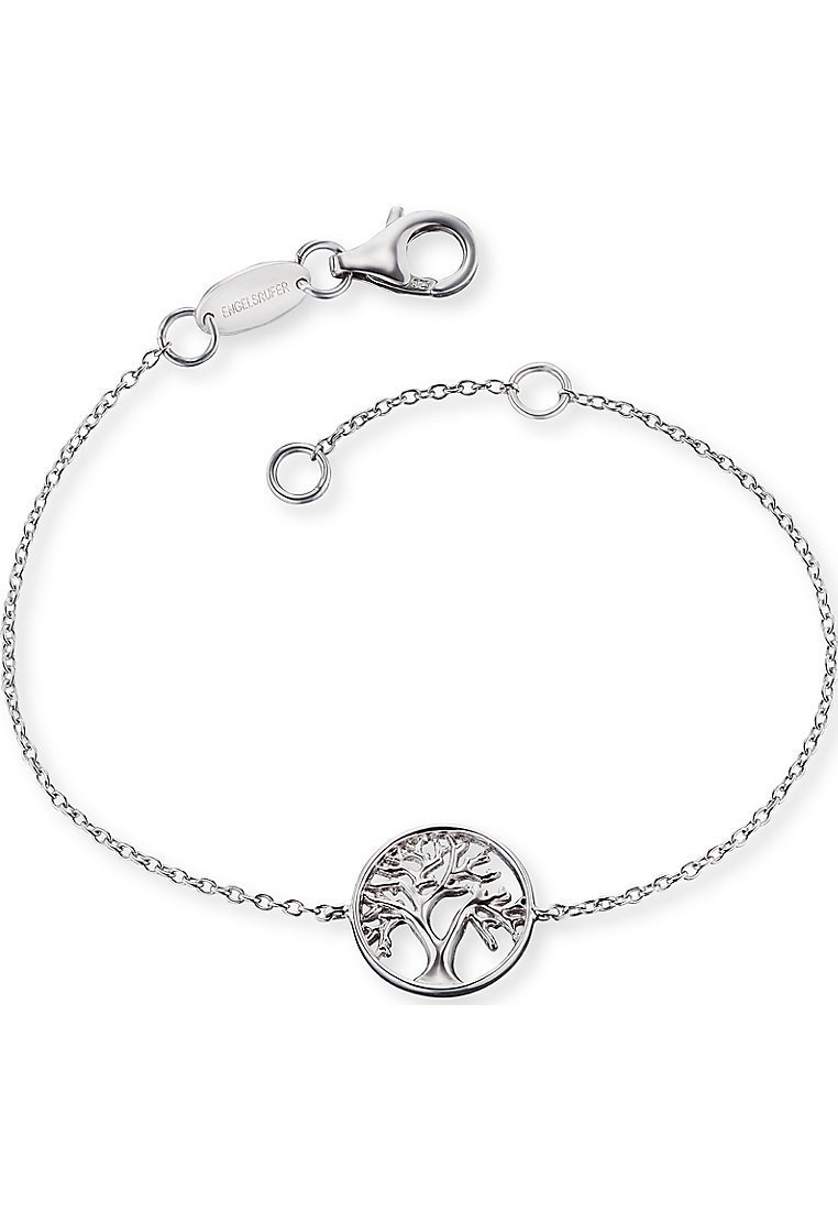 Bracciale in argento con un pendente rotondo dell'albero della vita, caratterizzato da dettagli intricati di rami e foglie, realizzato con una delicata catena e un moschettone.