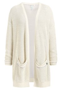 Lätt beigh-färgad stickad cardigan med öppen front, långa ärmar och två framfickor med kontrasterande kant och dekorativa knappar.
