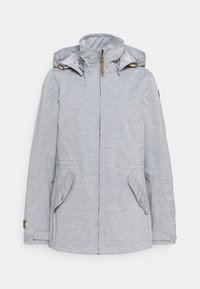 Veste à capuche gris clair avec fermeture éclair sur le devant, col montant, poches à rabat avec boutons et poignets ajustables.