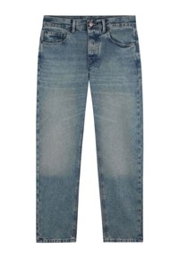Jeans de mezclilla de lavado claro con un diseño de pierna recta, que cuentan con cinco bolsillos, cierre de botón y un ligero desvanecimiento en la parte frontal.