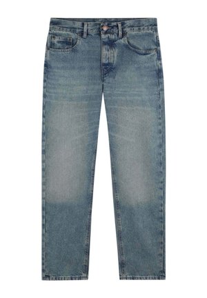 Jeans de mezclilla de lavado claro con un diseño de pierna recta, que cuentan con cinco bolsillos, cierre de botón y un ligero desvanecimiento en la parte frontal.