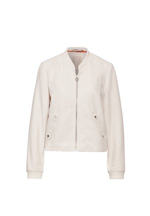 Giacca bomber beige chiaro con una superficie liscia, chiusura frontale con zip, tasche laterali con bottoni a pressione e polsini e orlo a costine.