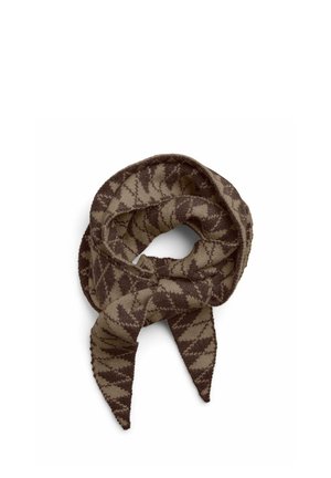 Écharpe tricotée marron et beige avec un motif en zigzag, pliée en une boucle lâche avec des extrémités pointues.