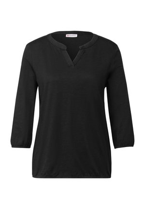 Svart blus med trekvartsärmar och V-ringning, med elastiska muddar, tillverkad av mjukt tyg med en slät yta. Enkelt design.