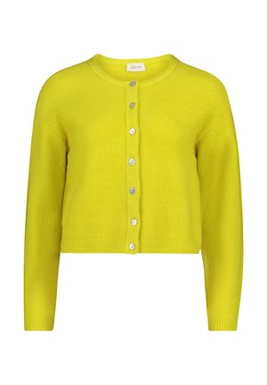 Gele cropped cardigan van zachte stof, met een ronde halslijn en zes knoopsluitingen aan de voorkant. Gestructureerde afwerking met lange mouwen.