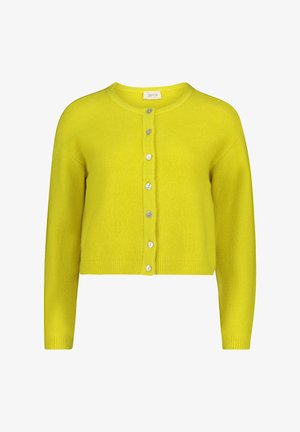 Gul cropped cardigan lavet af blødt stof med rund halsudskæring og seks knapper foran. Tekstureret finish med lange ærmer.