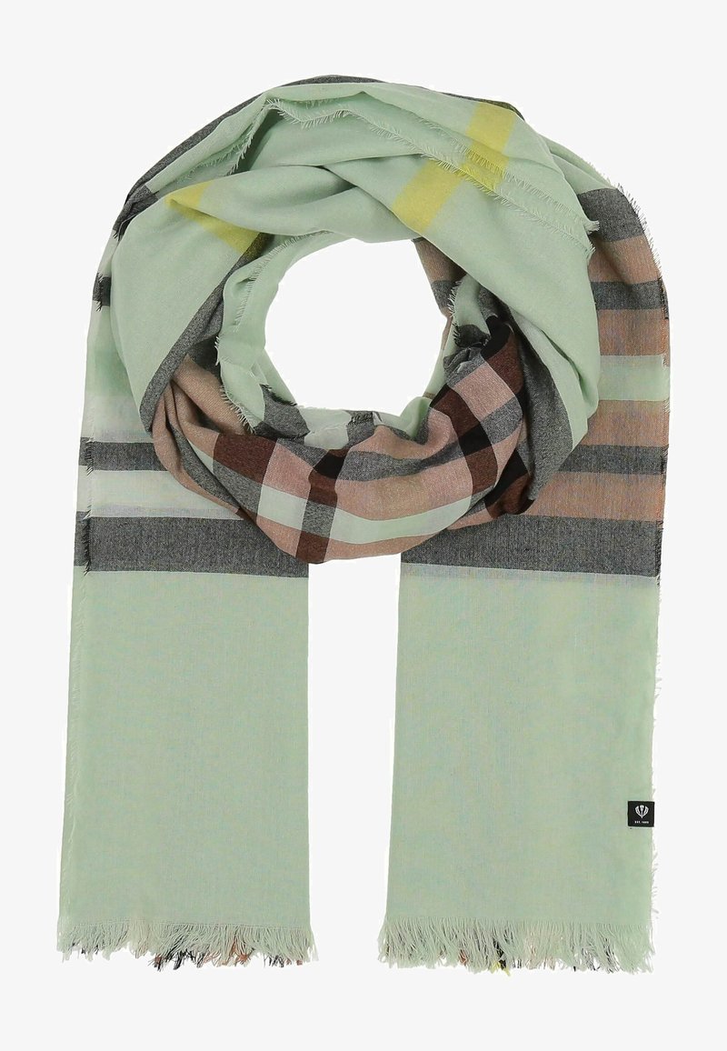 Bufanda verde claro con un patrón de tablero de ajedrez en marrón, gris y colores pastel. Textura suave con bordes deshilachados. Forma rectangular.