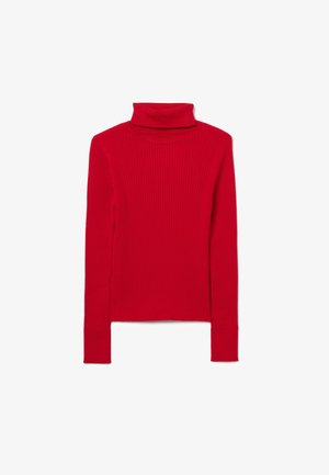 Roter, gerippter Rollkragenpullover mit langen Ärmeln, figurbetonter Silhouette und hohem Kragen. Weiche Textur, minimalistisches Design und keine sichtbaren Beschläge.