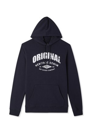 Felpa con cappuccio blu navy realizzata in misto cotone, con tasca a marsupio frontale. Il design include un testo bianco con la scritta "ORIGINAL HERITAGE DENIM."