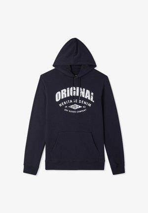Felpa con cappuccio blu navy realizzata in misto cotone, con tasca a marsupio frontale. Il design include un testo bianco con la scritta "ORIGINAL HERITAGE DENIM."