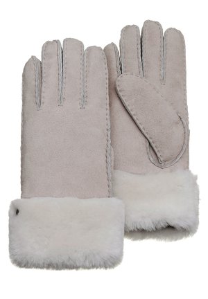 Guanti in suede grigio chiaro con un morbido polsino in pelliccia crema. Presentano un design a cinque dita con cuciture decorative e una chiusura a scatto laterale.