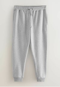 Pelēki sporta bikses, kas izgatavotas no mīksta kokvilnas maisījuma, ar elastīgu jostasvietu un auklu, ribotām potītēm un sānu kabatām.