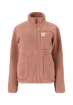 Veste en polaire rose clair avec un col haut, fermeture éclair à l'avant, une poche poitrine et deux poches latérales. Tissu texturé avec une finition douce.