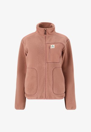 Veste en polaire rose clair avec un col haut, fermeture éclair à l'avant, une poche poitrine et deux poches latérales. Tissu texturé avec une finition douce.