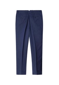 Pantaloni blu navy in cotone con una finitura liscia, caratterizzati da una linea dritta, passanti per la cintura e due tasche posteriori con bottoni.