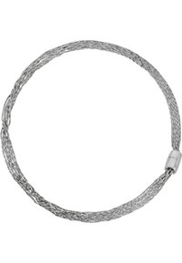Metal halskæde med flere strenge af sammenflettet sølv, med en glat cylindrisk lås. Teksturen er glat og fletværk.